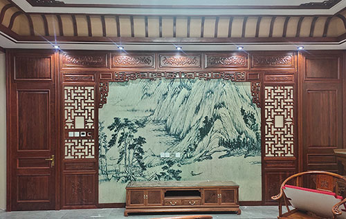 福安中式仿古别墅客厅背景墙花格木作装饰